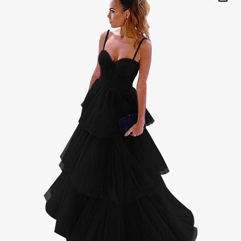 Ladies black Tulle Prom Dress Spaghetti Straps A Line Corset Tiered